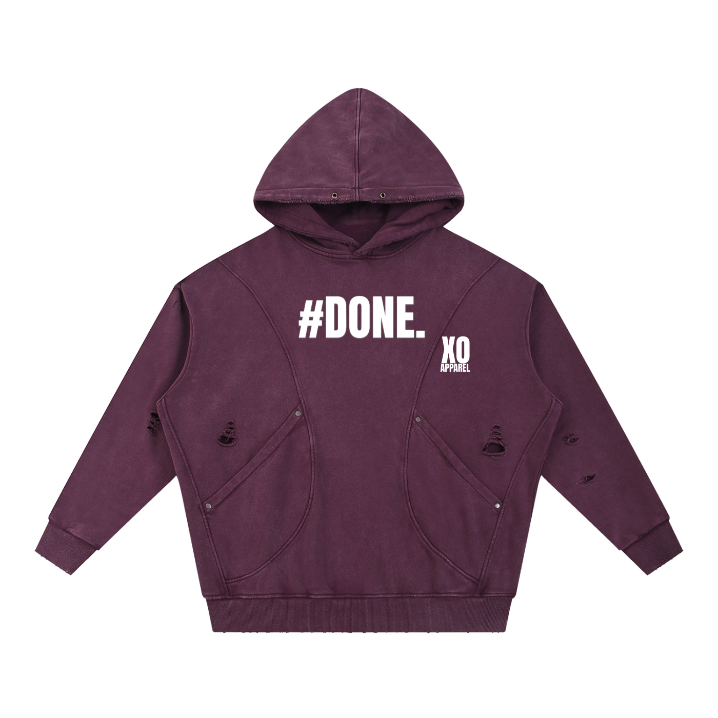 Snow Washed Distressed Panel Pocket Hoodie