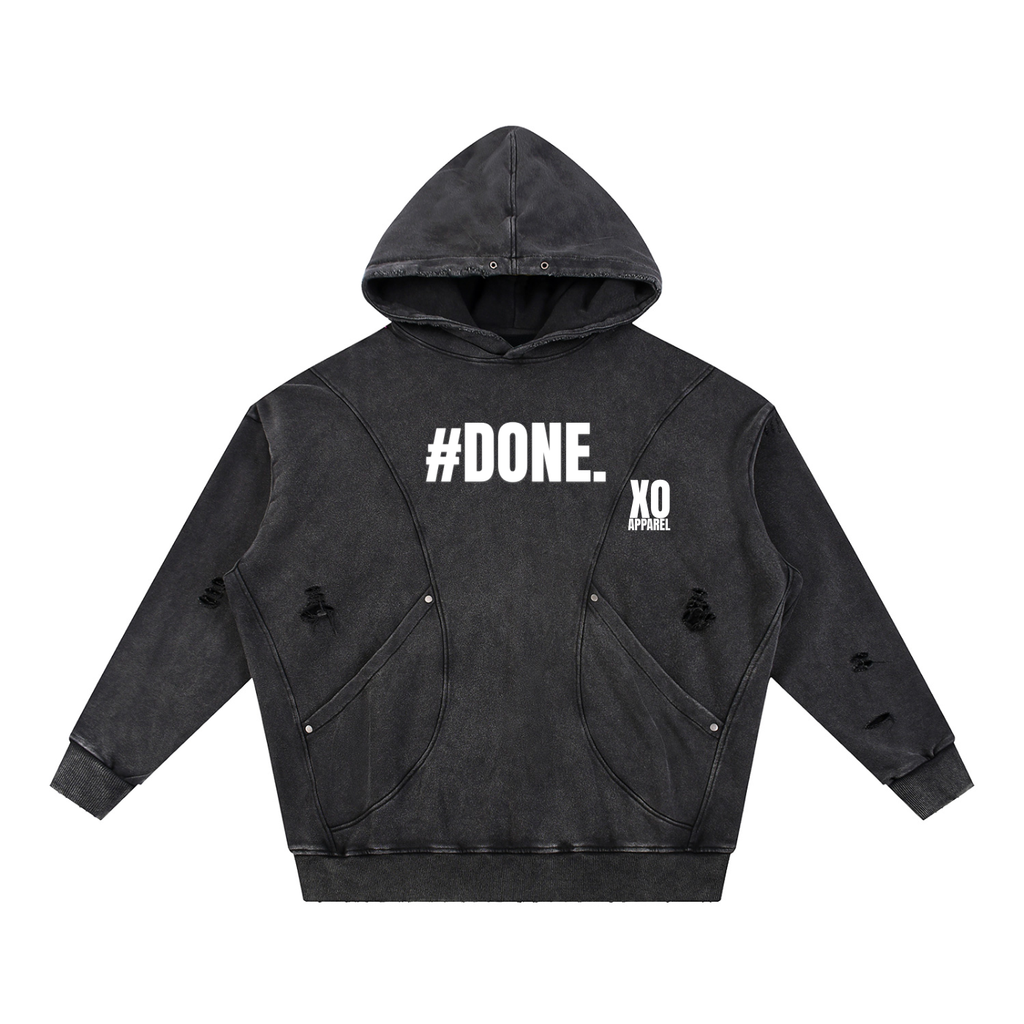 Snow Washed Distressed Panel Pocket Hoodie