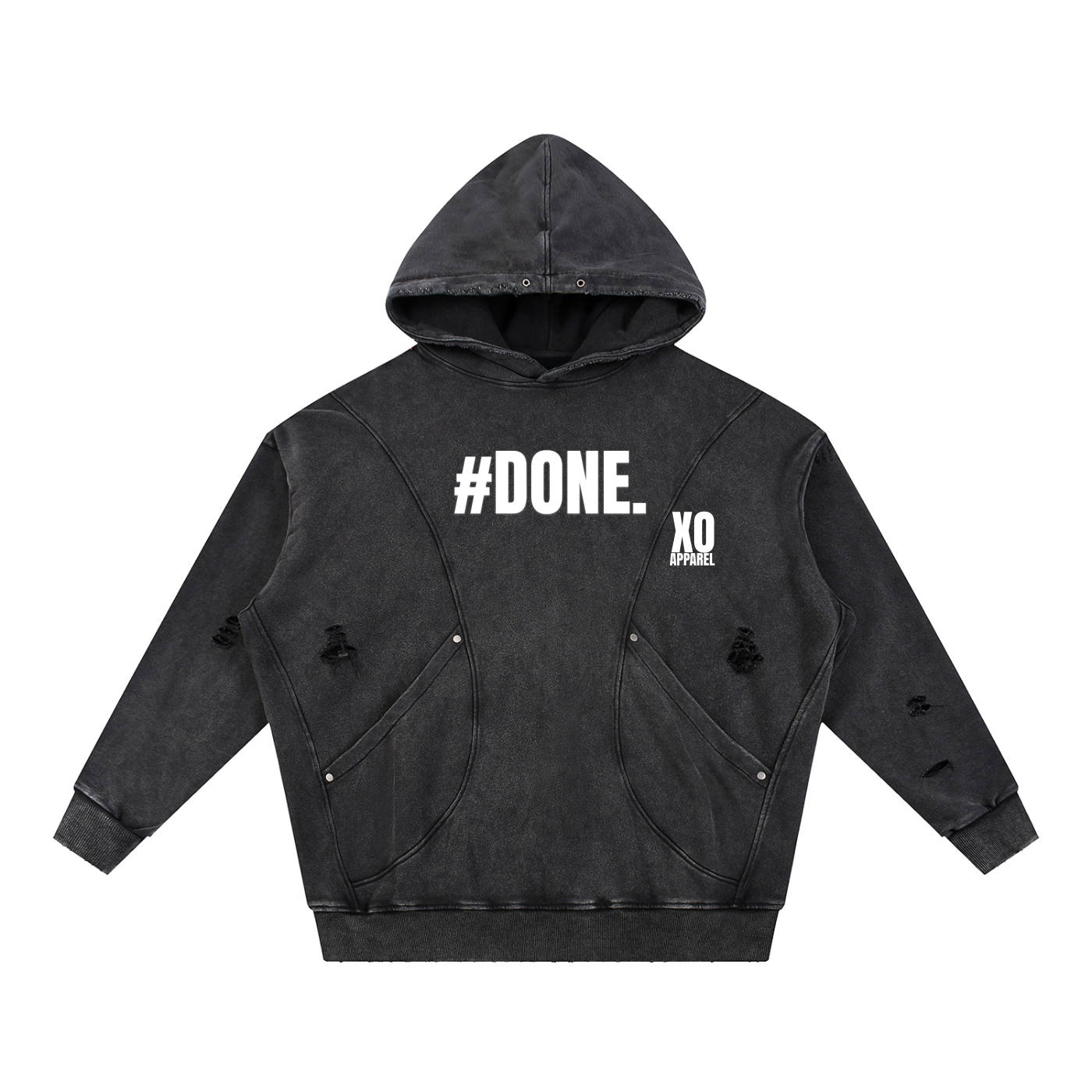 Snow Washed Distressed Panel Pocket Hoodie