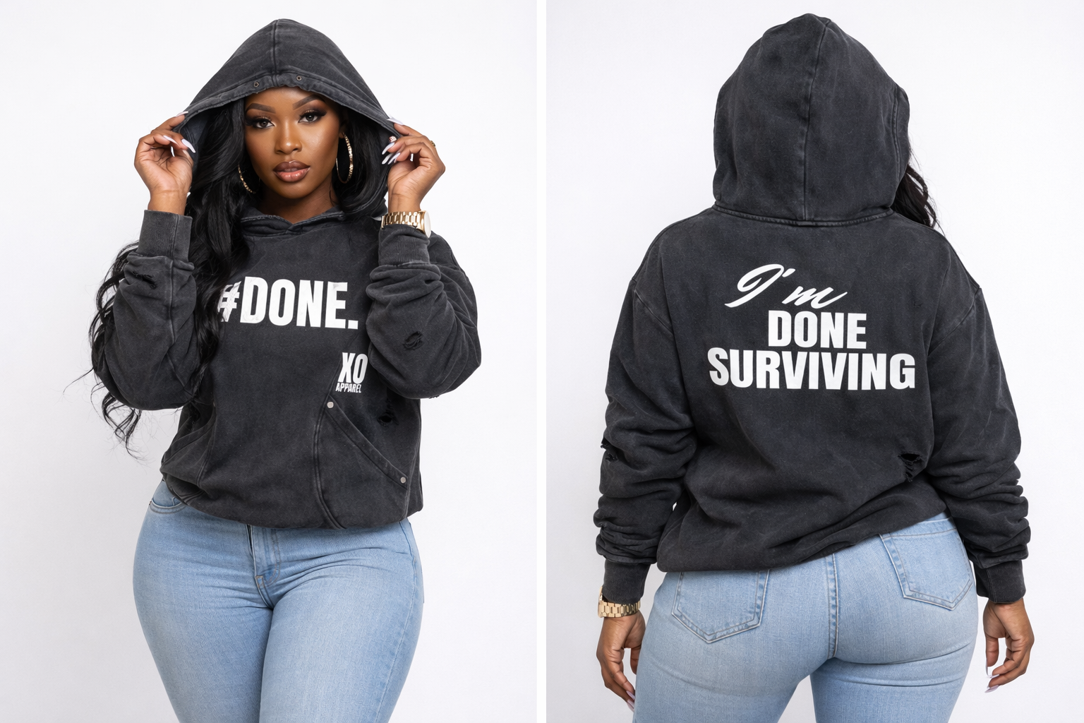 Snow Washed Distressed Panel Pocket Hoodie