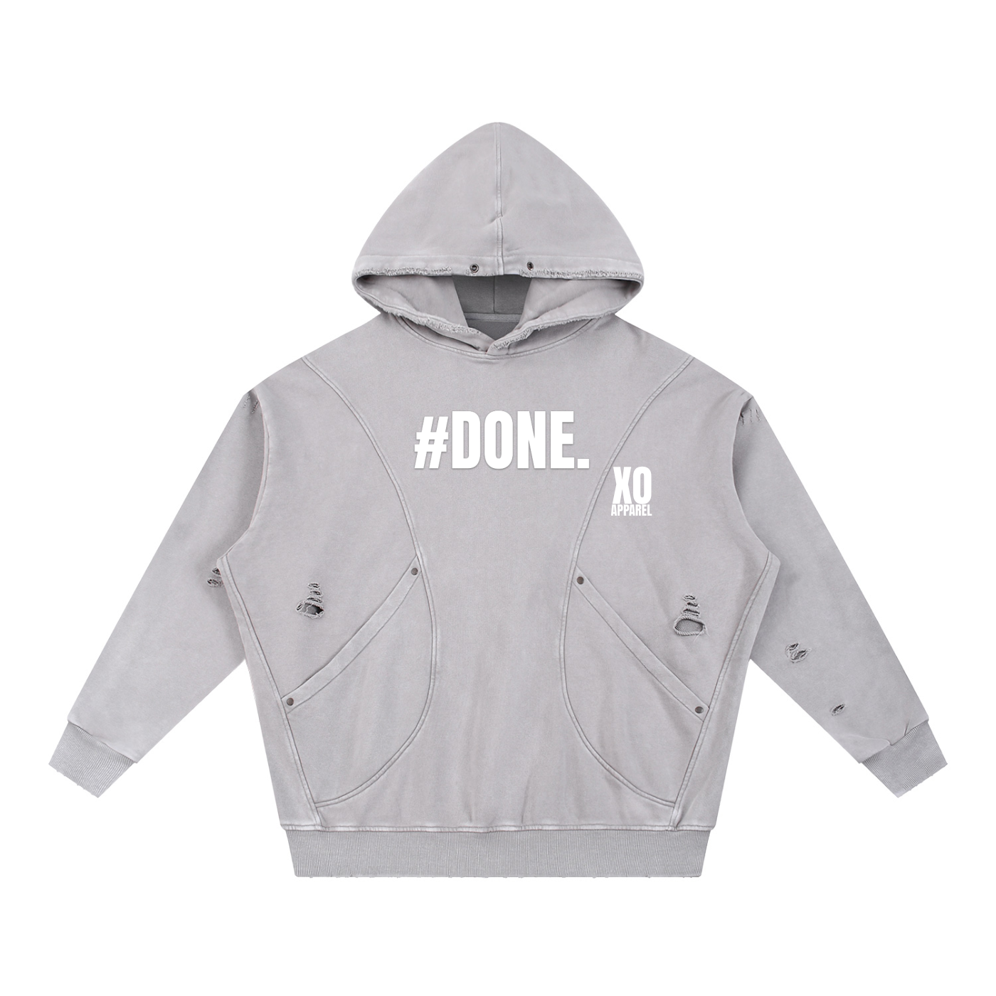 Snow Washed Distressed Panel Pocket Hoodie