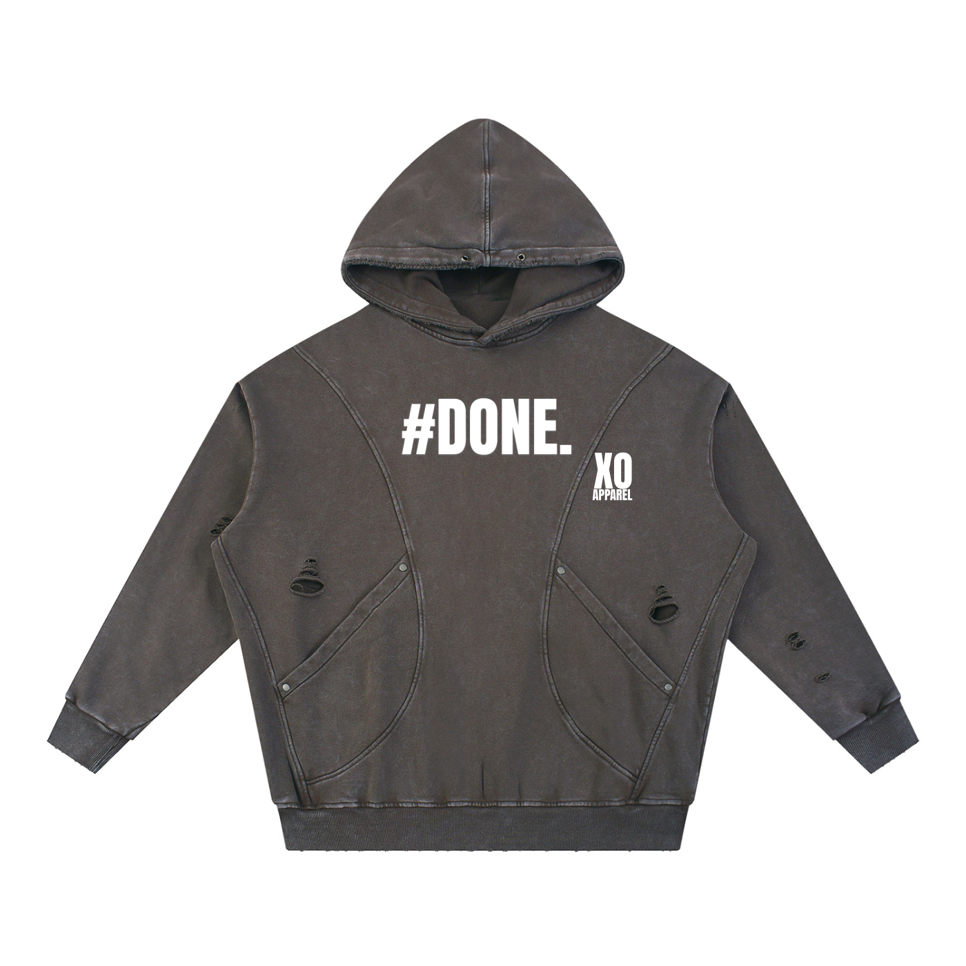 Snow Washed Distressed Panel Pocket Hoodie