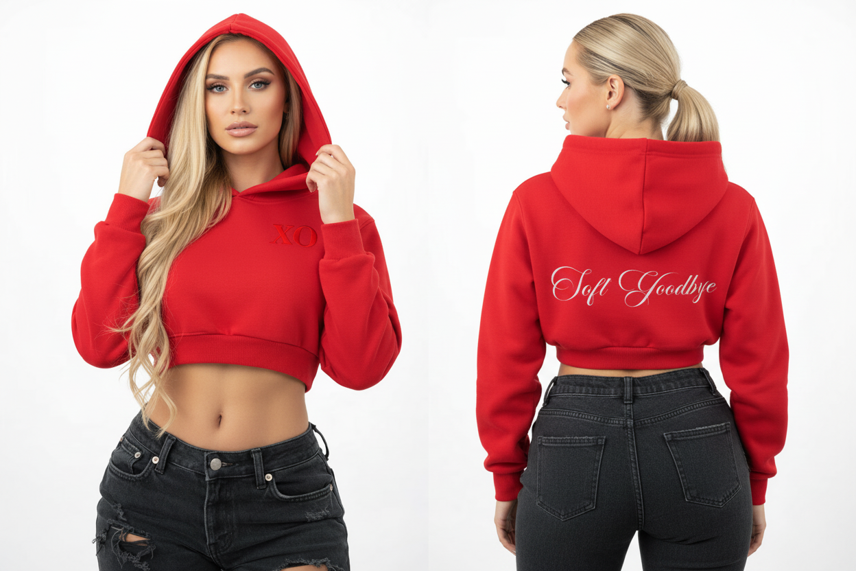 Caucasian women in red cropped hoodies