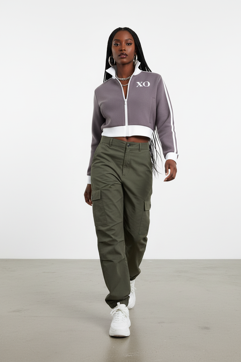 Contrast Side Stripe Fleece Cropped Track Jacket on model