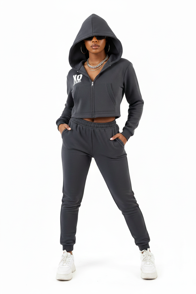 Essential Cropped Zip-Up Hoodie with hood up