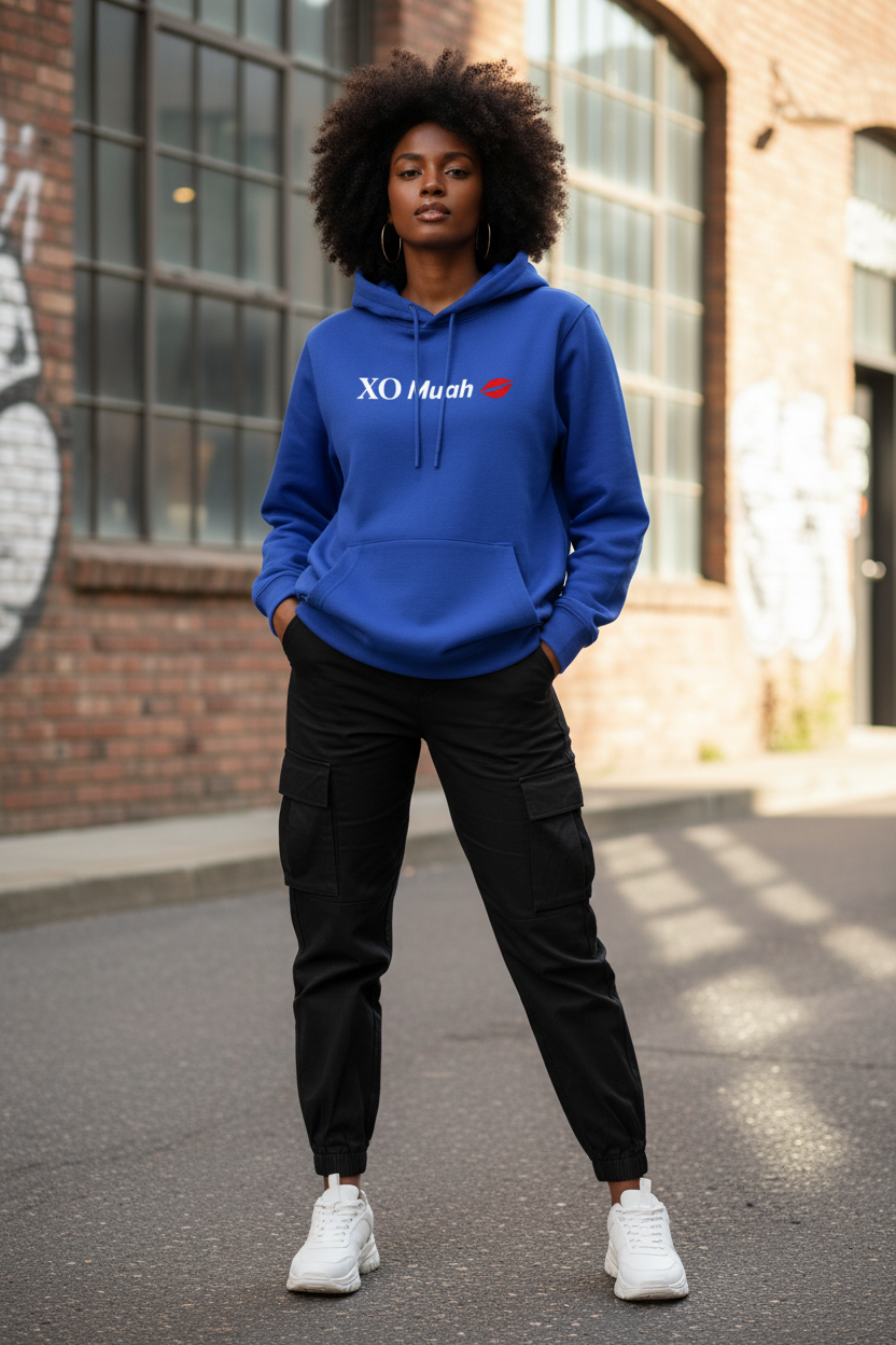 Front view - XO Muah blue hoodie