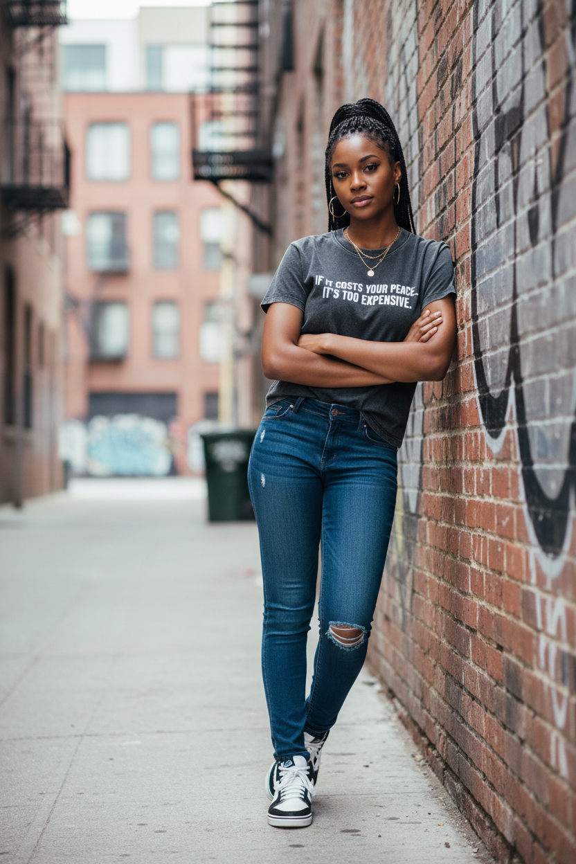 Vintage Wash T-shirt with fitted jeans - casual pose