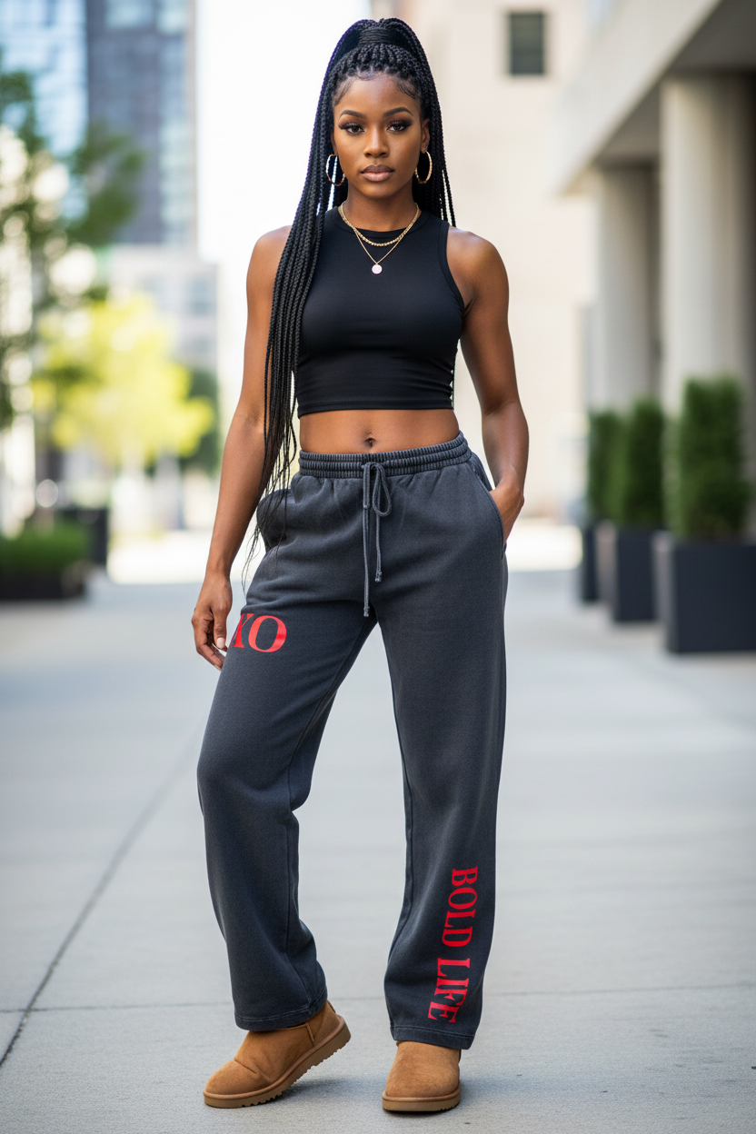 XO Bold Life Sweatpants styled with Ugg boots