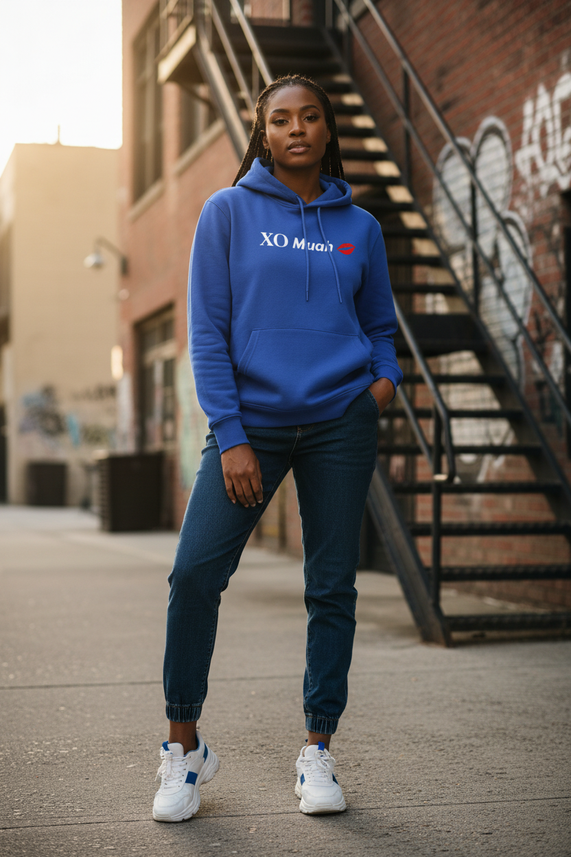 XO Muah blue hoodie lifestyle shot
